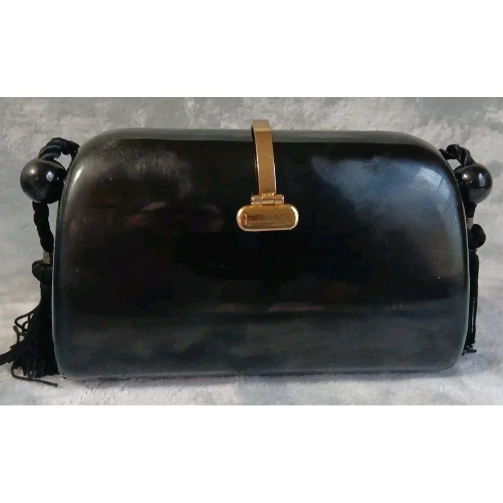 Vintage Hong Kong Made Plastic‎ Purse Black Tasseled Strap Gold Tone Latch READ